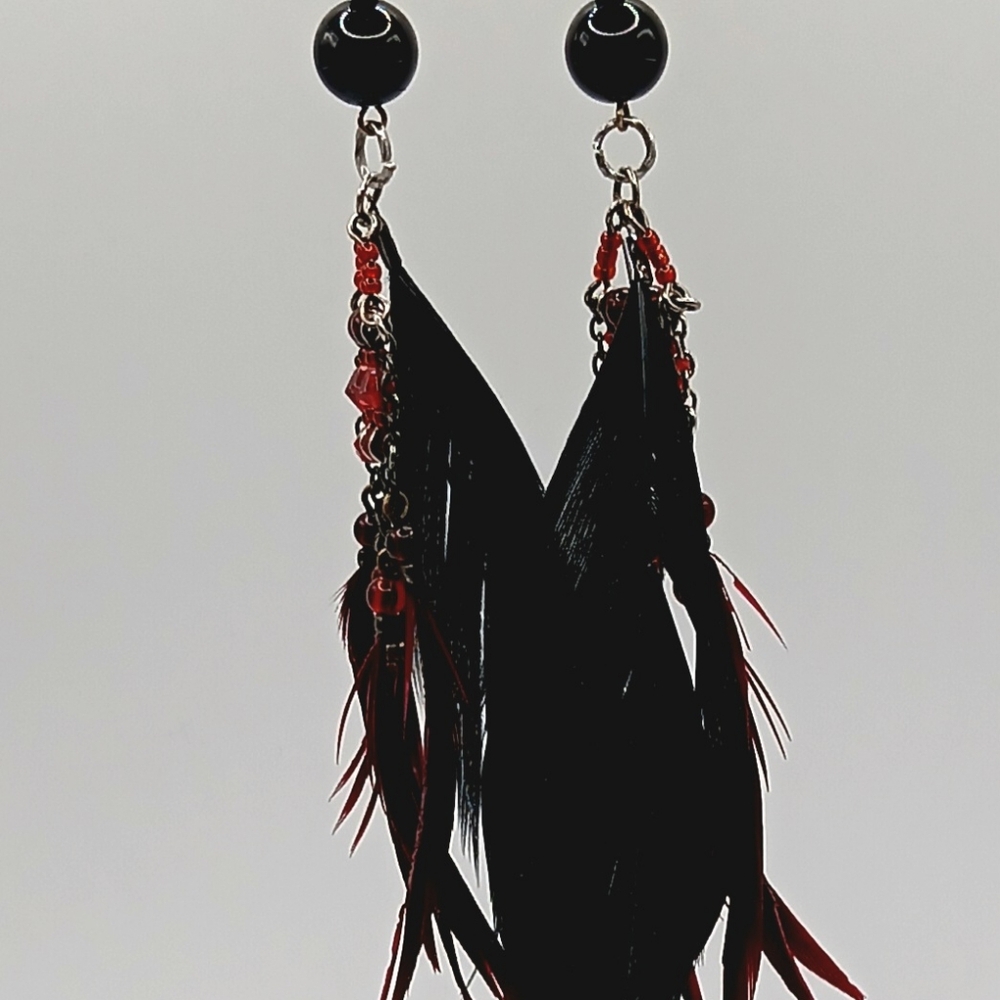 Handmade Beading With Black and Red Feather Earrings